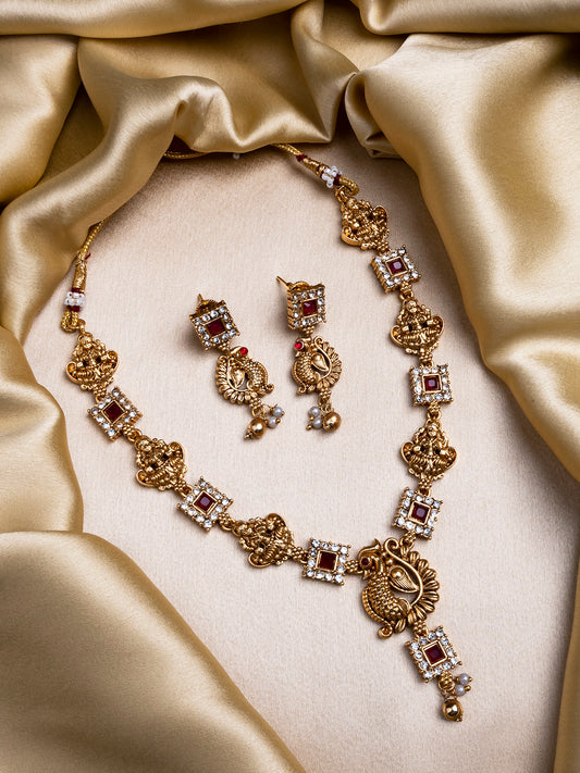 Antique Red Lakshmi Peacock Necklace Set