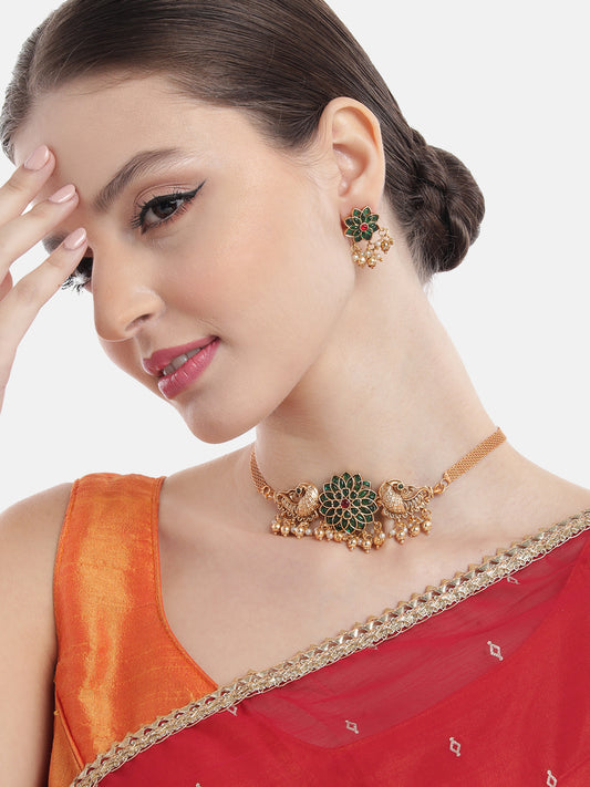 Minimalist Green Kemp Floral Choker Set With Studs