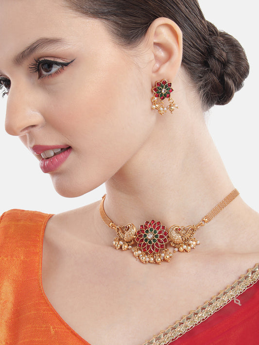 Minimalist Multicolor Kemp Floral Choker Set With Studs