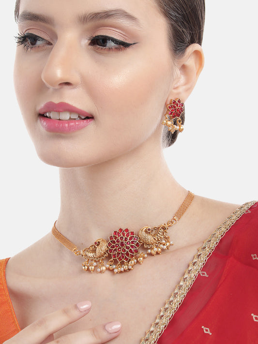 Minimalist Red Kemp Floral Choker Set With Studs