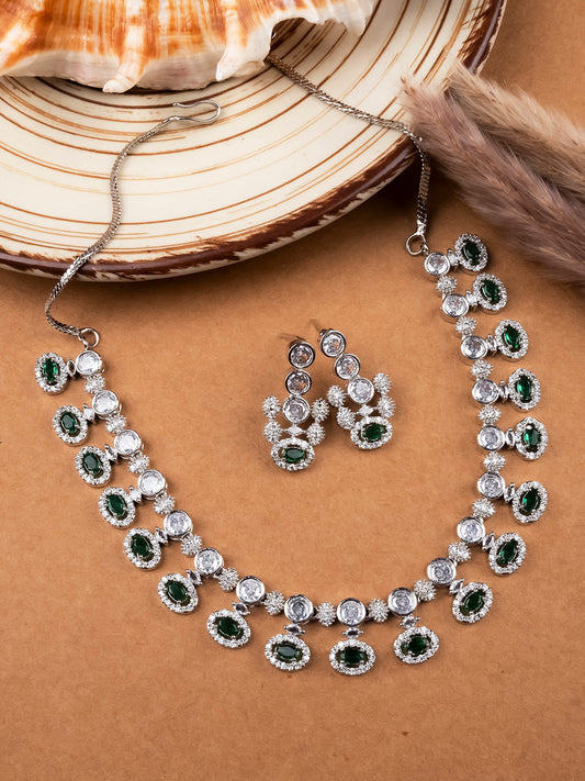 Halo Style Green Stone American Diamond Necklace Set with CZ Drops | Party Wear