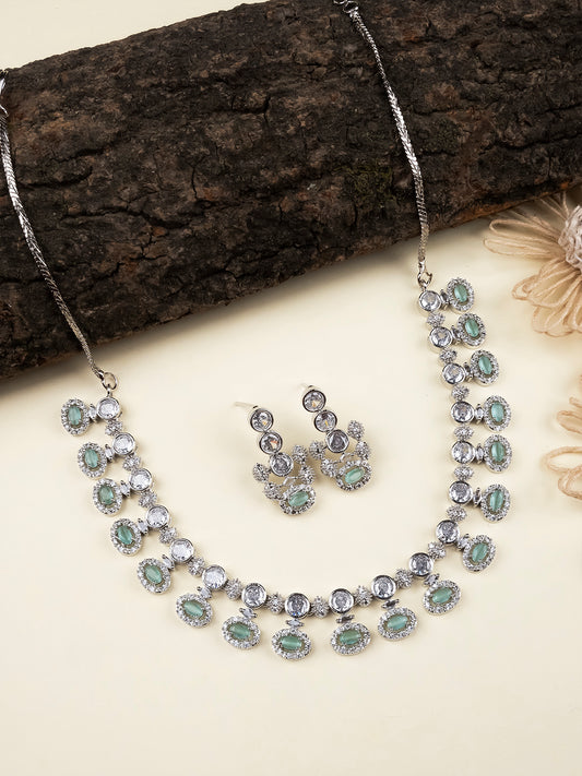 Halo Style Turquoise Stone American Diamond Necklace Set with CZ Drops | Party Wear