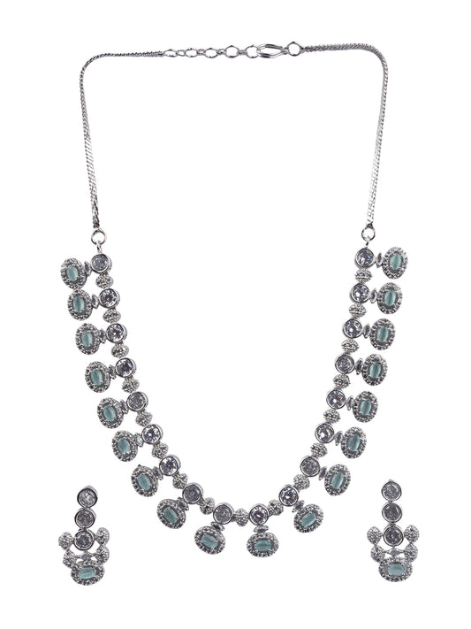 Halo Style Turquoise Stone American Diamond Necklace Set with CZ Drops | Party Wear