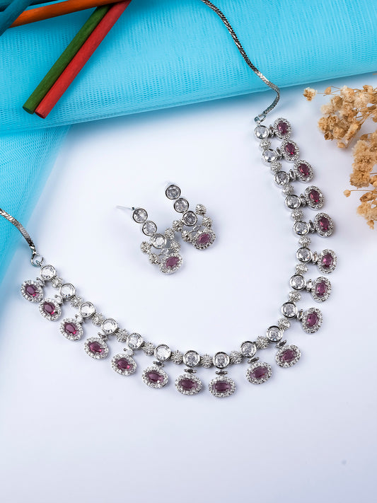 Halo Style Red Stone American Diamond Necklace Set with CZ Drops | Party Wear