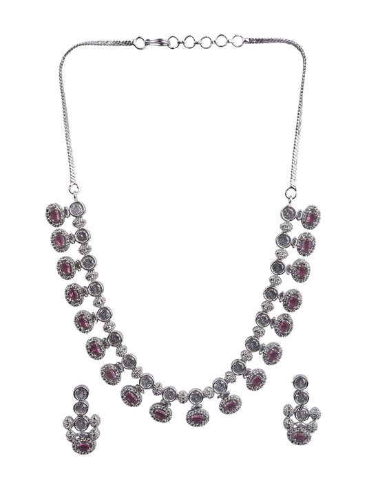 Halo Style Red Stone American Diamond Necklace Set with CZ Drops | Party Wear