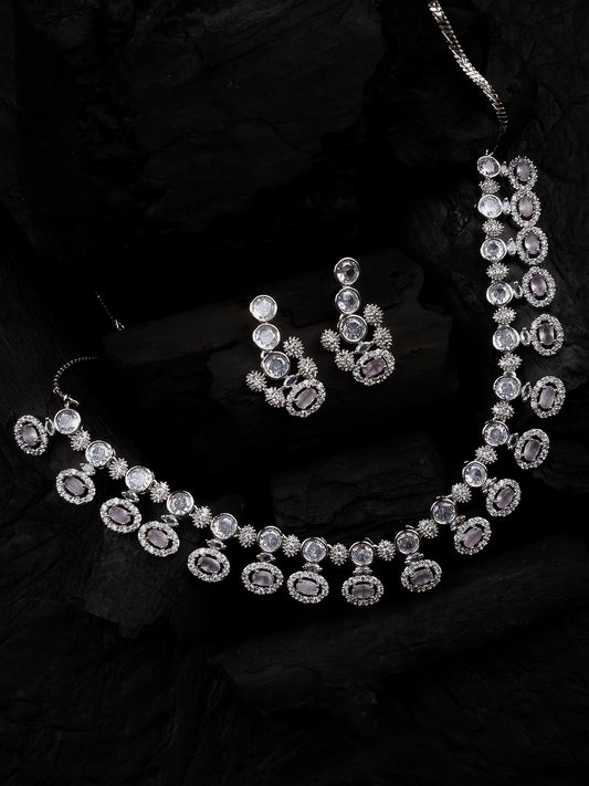 Halo Style Pink Stone American Diamond Necklace Set with CZ Drops | Party Wear