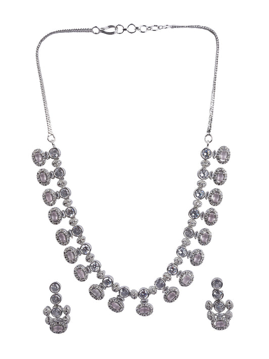 Halo Style Pink Stone American Diamond Necklace Set with CZ Drops | Party Wear