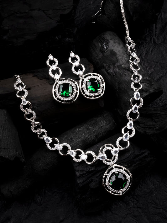 Luxurious AD-CZ Circular Motif Necklace Set with Green Crystal Accents