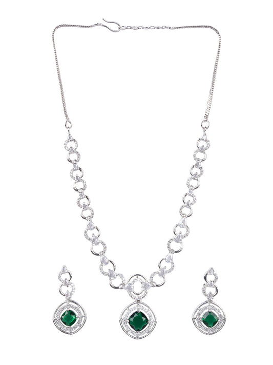 Luxurious AD-CZ Circular Motif Necklace Set with Green Crystal Accents