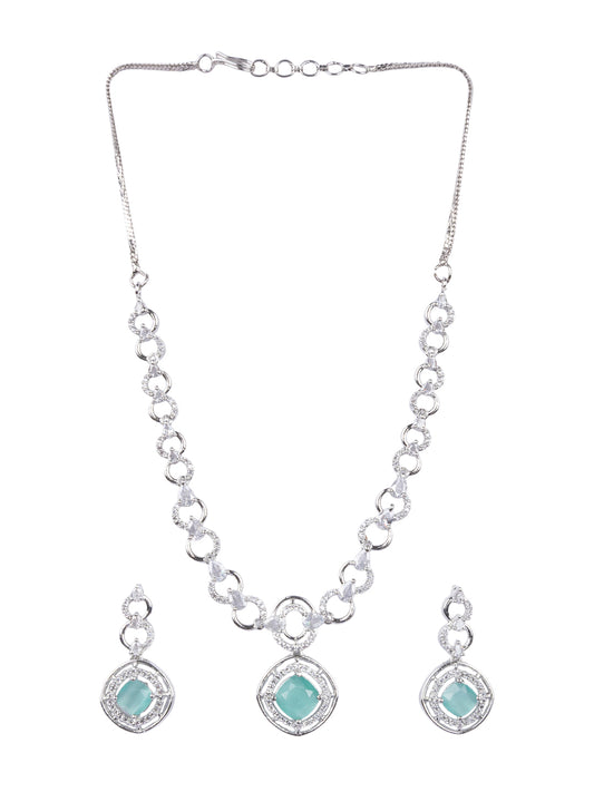 Luxurious AD-CZ Circular Motif Necklace Set with Turquoise Crystal Accents