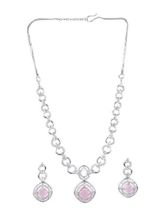 Luxurious AD-CZ Circular Motif Necklace Set with Pink Crystal Accents
