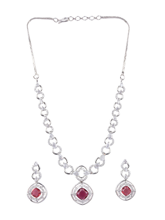 Luxurious AD-CZ Circular Motif Necklace Set with Red Crystal Accents
