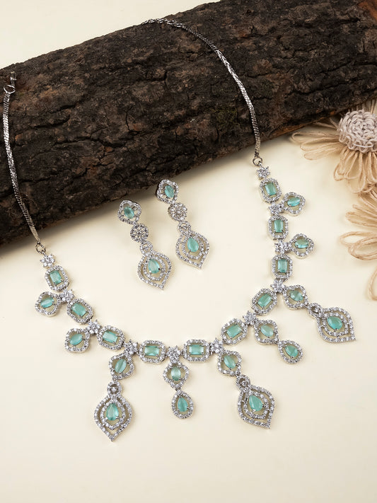 Designer Turquoise American Diamond Necklace Set with Dangling Pattern