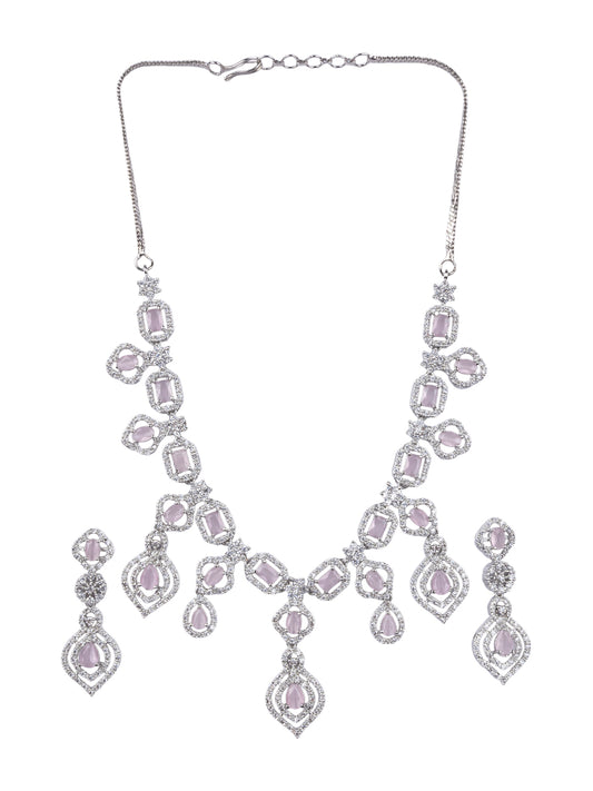 Designer Pink American Diamond Necklace Set with Dangling Pattern