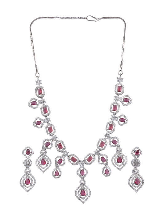 Designer Red American Diamond Necklace Set with Dangling Pattern