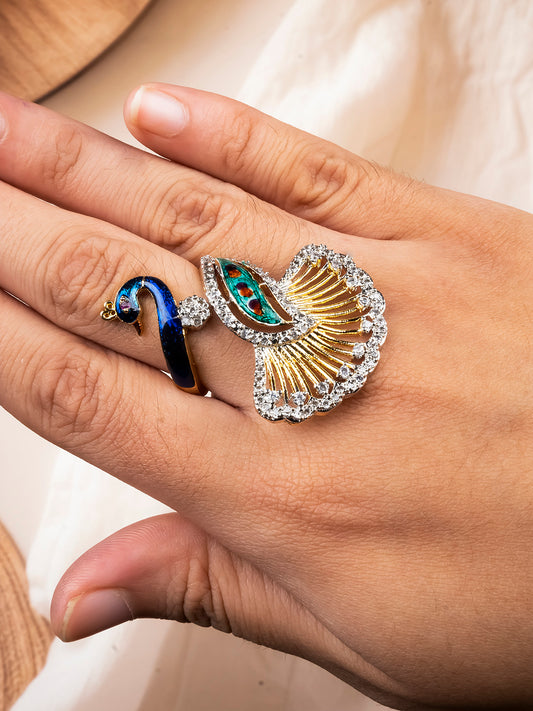 Elegant Enamel AD Peacock cocktail Ring