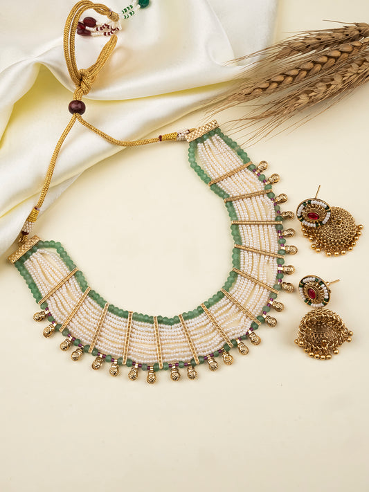 Elegant White Beads Bandhai Choker Necklace Set