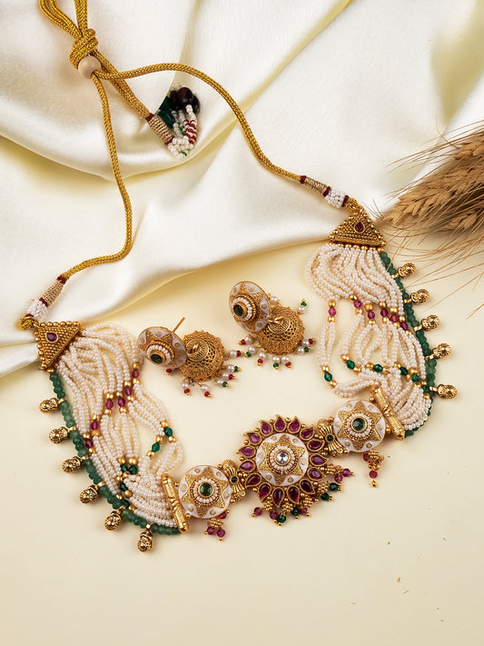 Kundan Studded Meenakari Rajwadi Bandhai Pearl Chowker Set