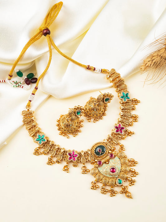 Multicolour Rajwadi Plated Premium Bandhai Necklace Set With Jhumkis