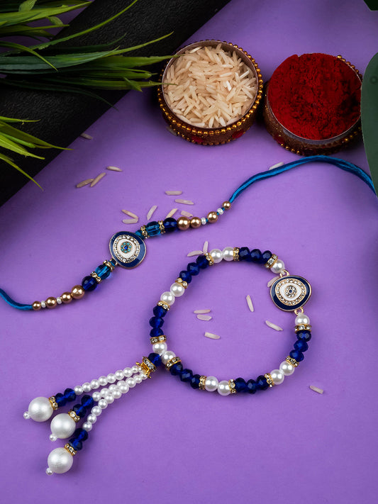 Handcrafted Pearl Beaded Evil Eye Bhai Bhabhi Rakhi Set