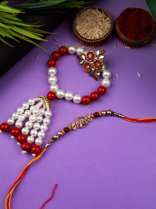 Ravish Red Pearl Bhai Bhabi Rakhi Set