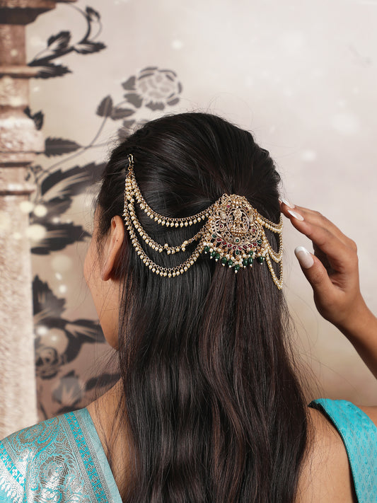 Antique Gold Plated Laxmi Jada Billai With Mattal/ Hair Brooch With Pearl Chain