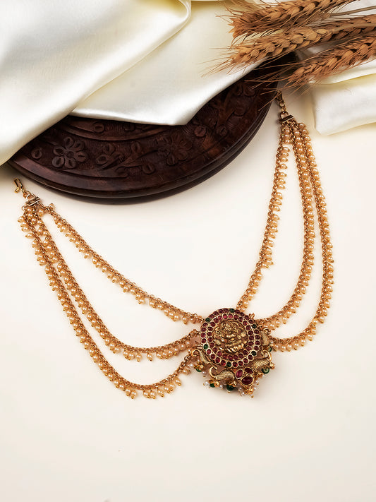 Handcrafted Temple Antique Jada Billai With Mattal/Hair Brooch With Pearl Chain