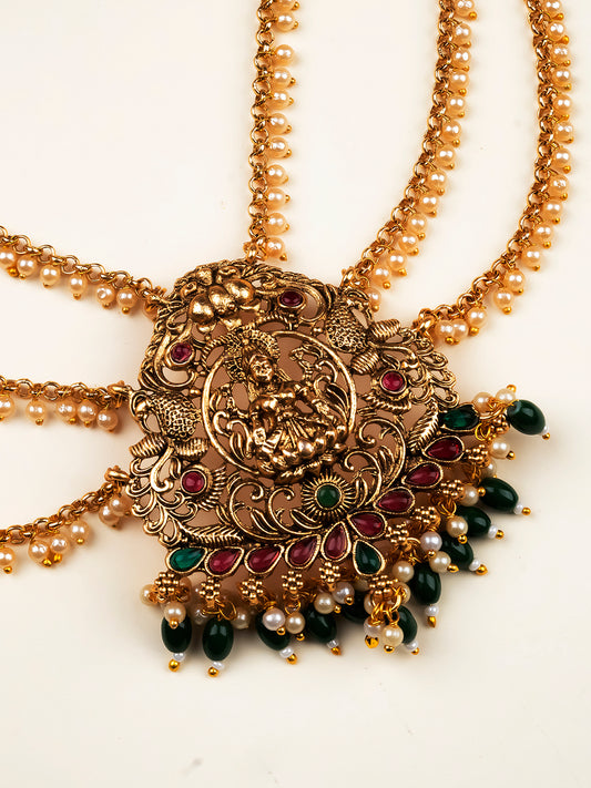 Antique Gold Plated Laxmi Jada Billai With Mattal/ Hair Brooch With Pearl Chain