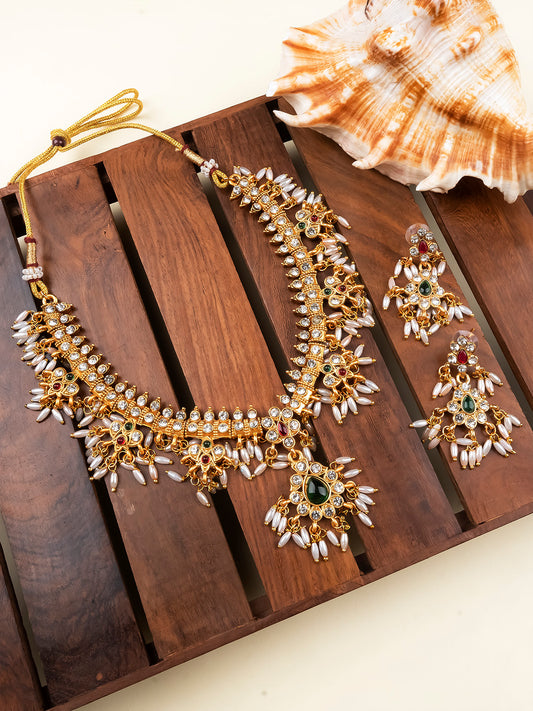 Handcrafted South Indian Guttapusalu Necklace Set | Gold Plated Pearl Temple Jewelry for Women