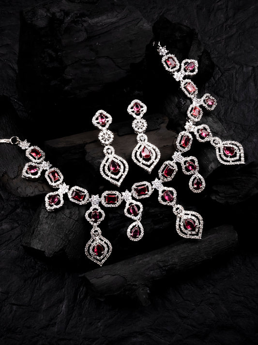 Designer Red American Diamond Necklace Set with Dangling Pattern