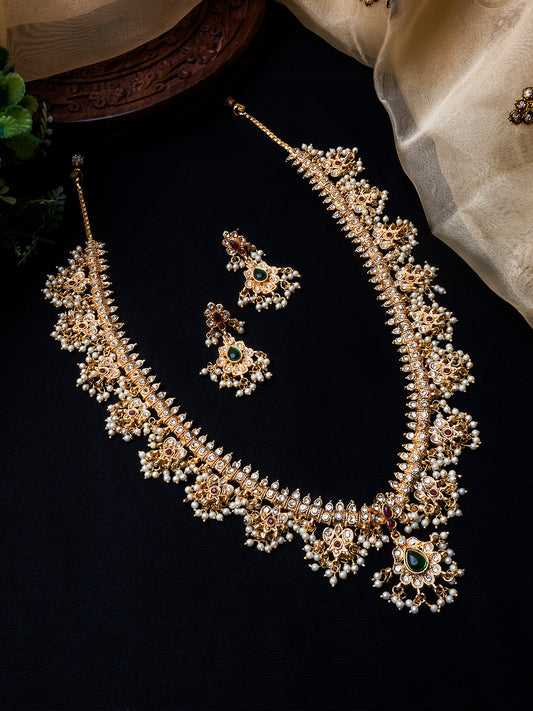 Guttupusalu Design Long Necklace Set | Handcrafted Temple Haram Set