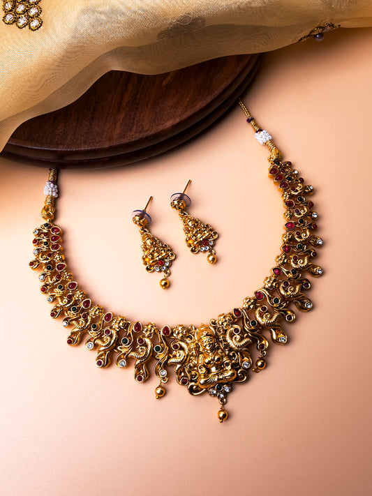 Gold Plated Multicolor Stone Studded Temple Necklace Set