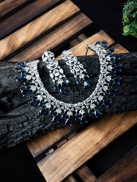 Silver Plated Blue AD-CZ Flower Necklace Set