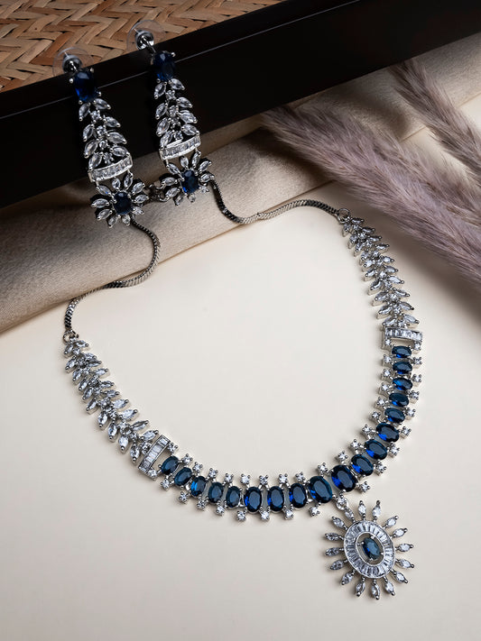 Silver Plated American Diamond Studded Dual Blue Necklace Set