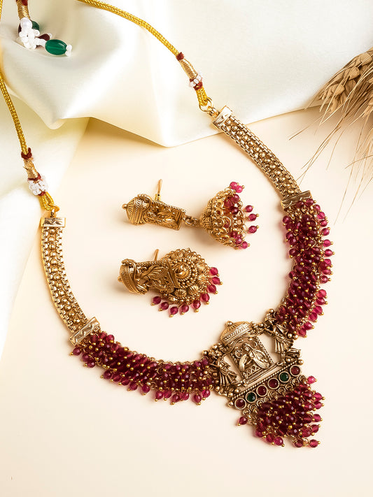 Traditional Doli Style Necklace Set With Red Hydra Beads