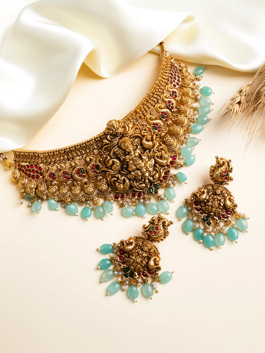 Matte Finish Lakshmi Choker With Turquoise Beads