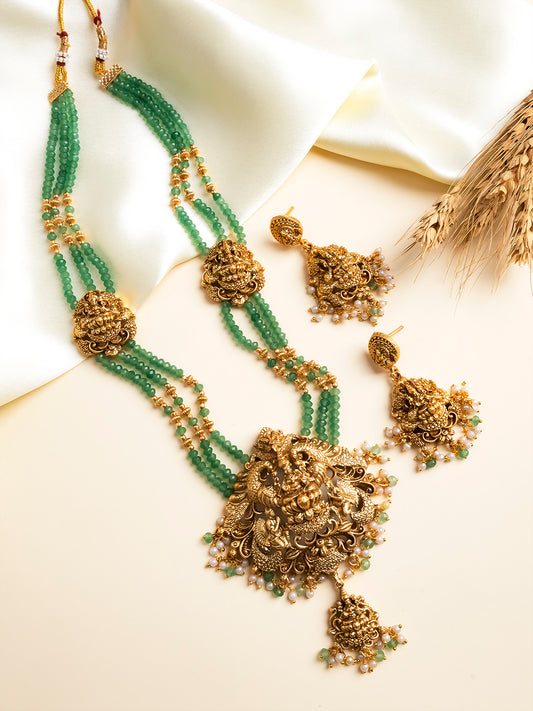 Green Beaded Lakshmi Long Necklace Set