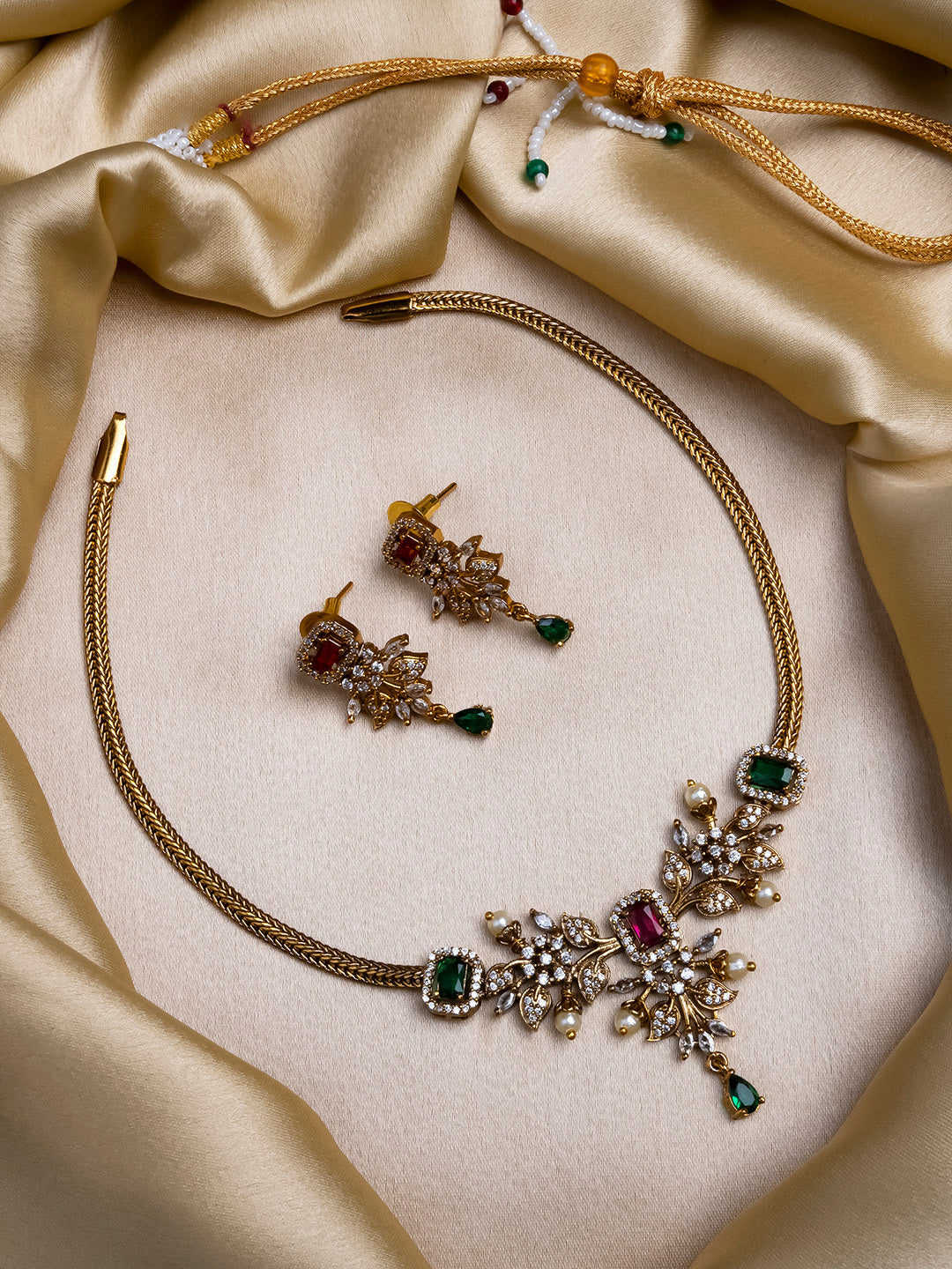 Gold plated multicolor AD stone flower necklace