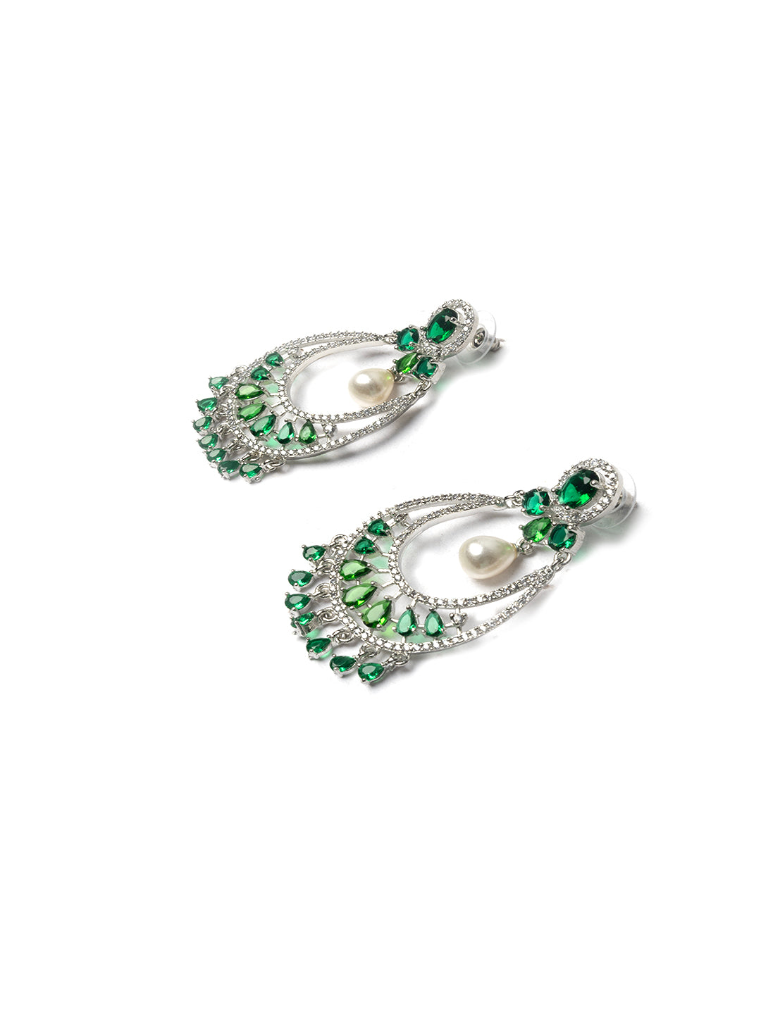 Green AD chandbali earrings with pearl drop, styled against green saree