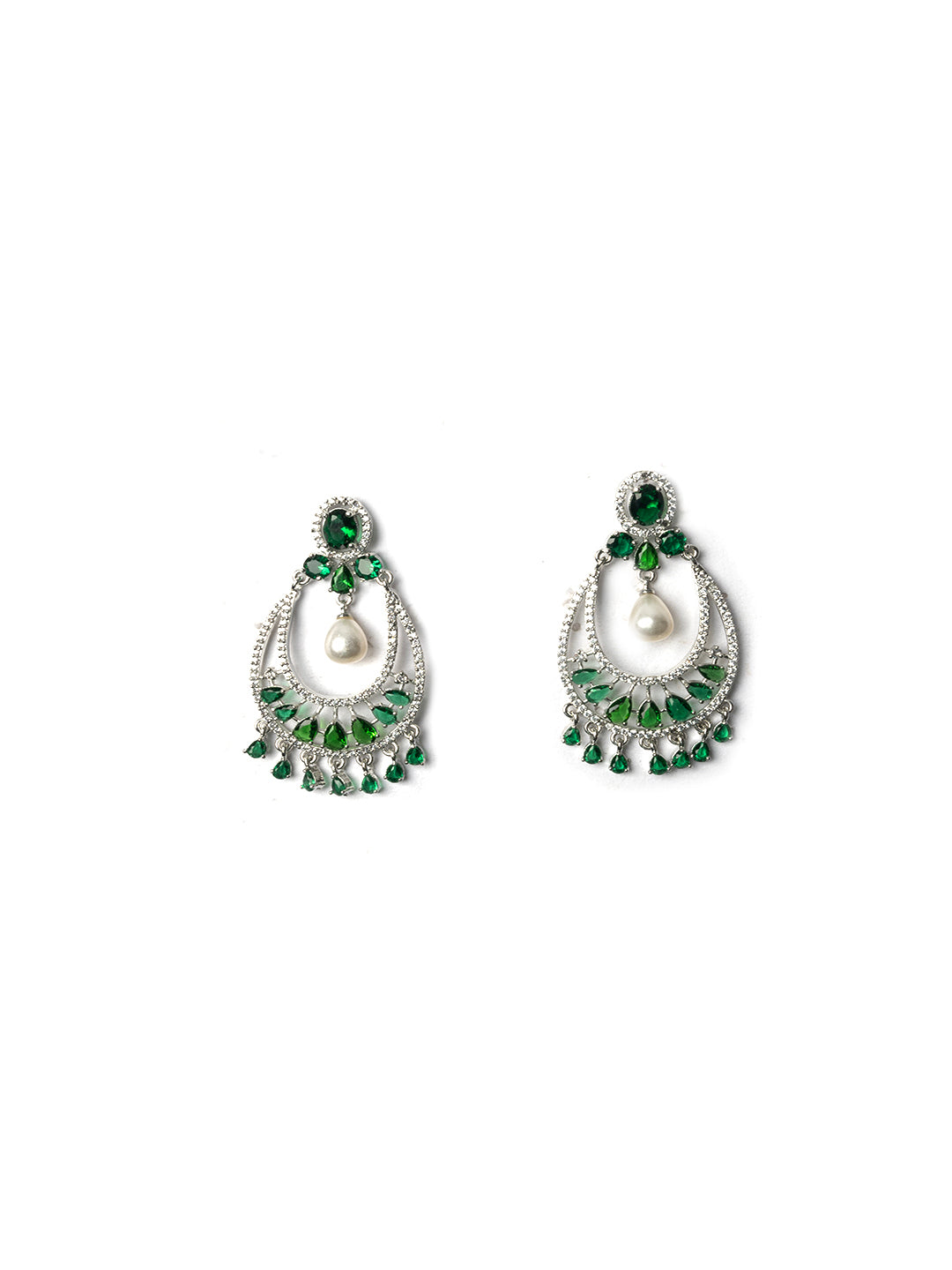 Green AD chandbali earrings with pearl drop, styled against green saree