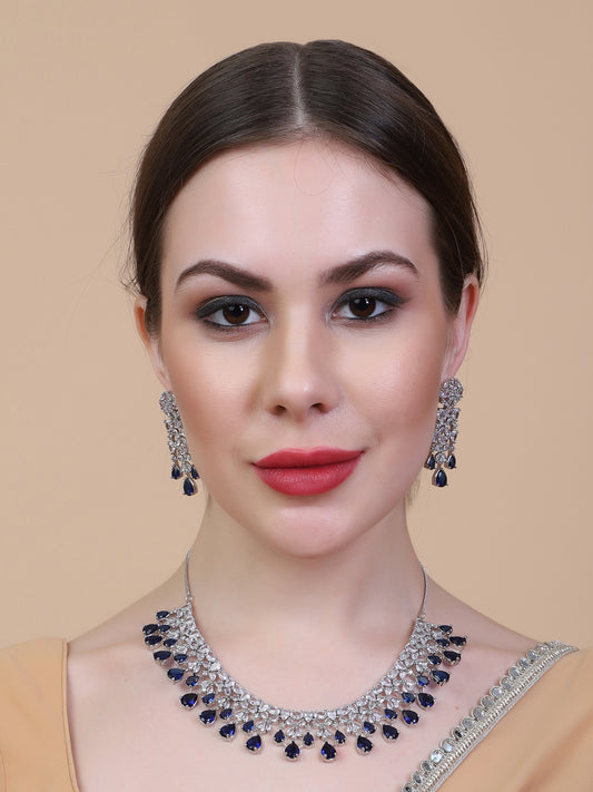 Silver Plated Blue AD-CZ Flower Necklace Set