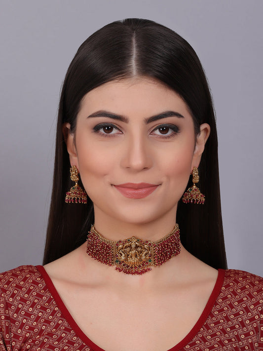 Exquisite Gold-Plated Temple Hydra Beads Necklace Set - A divine blend of tradition and elegance. Elevate your style with this stunning piece from SileAdda.