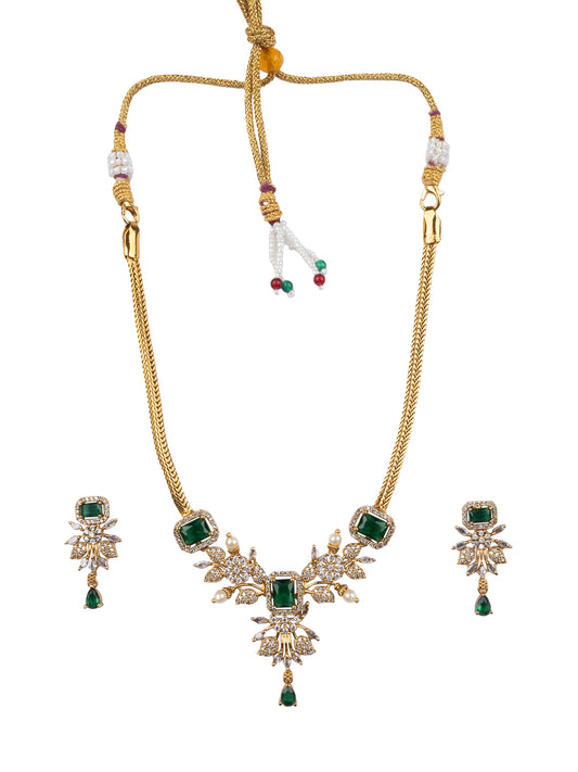 Gold Plated Green AD Flower Design Pendant Necklace Set