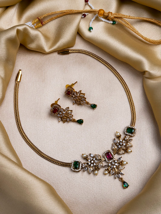 Gold Plated Ruby-Green AD Flower Design Pendant Necklace Set