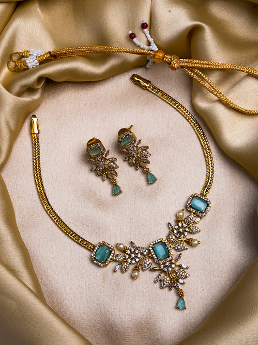 Gold Plated Turquoise AD Flower Design Pendant Necklace Set