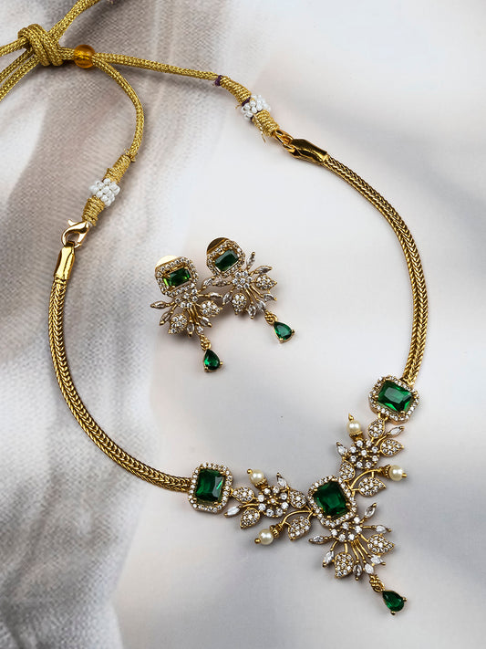 Gold Plated Green AD Flower Design Pendant Necklace Set
