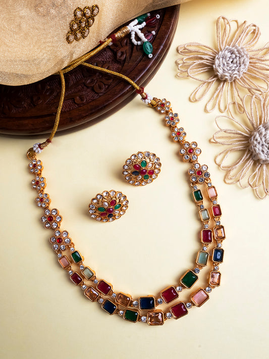 Floral Design Dual Line Multi Kemp Stones Necklace Set