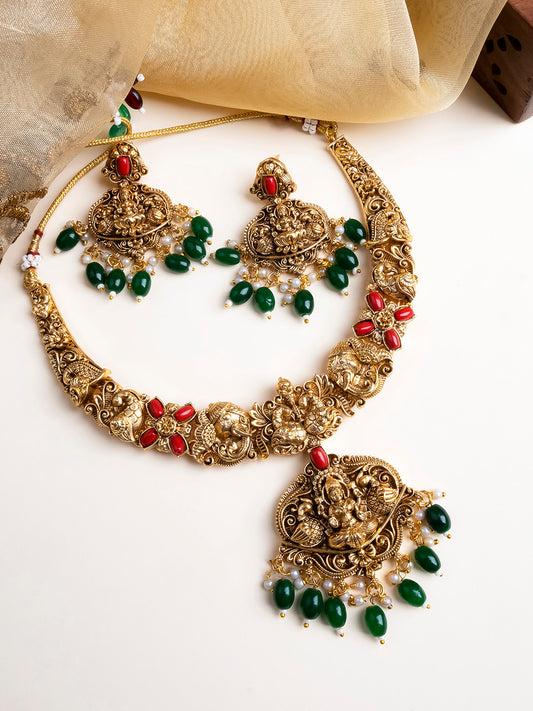 Temple Lakshmi Necklace Set With Green Beads