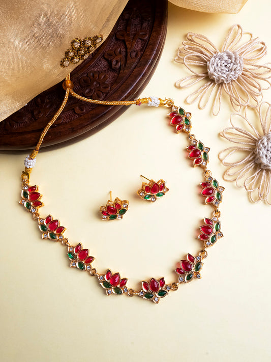 Ruby Green Kemp Stones Studded Lotus Necklace Set