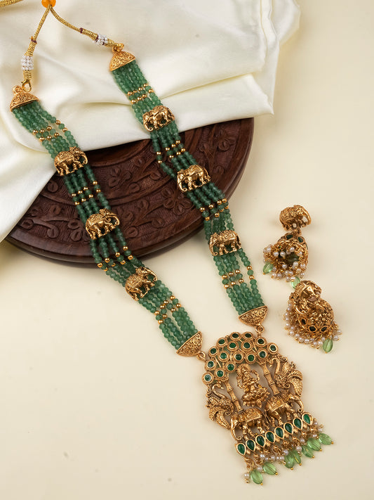 Handcrafted Long Bandhai Necklace Set with Antique Temple Pendant